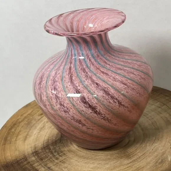 Vintage 1987 Union Street Studio Art Glass Vase Pink Blue Swirl 7” Signed